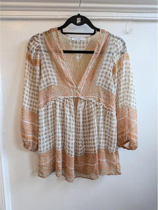 Tops - Rose + Olive Blouse Womens Small Multicolor Paisley V Neck Ruffle Tunic Top